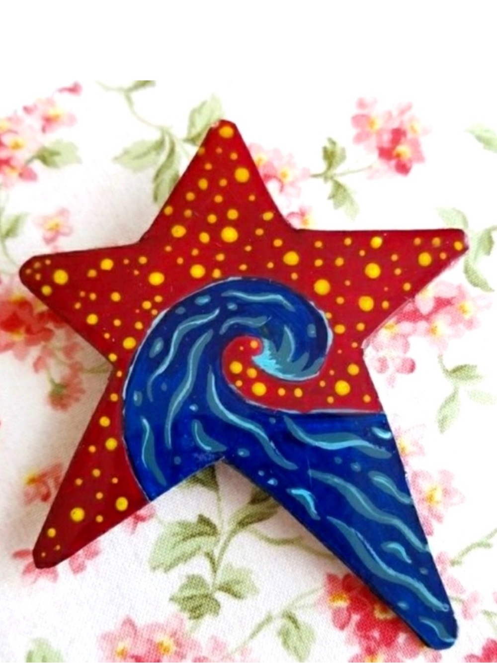 Vintage brooch hand painted star D. Steinkopf handmade celestial art